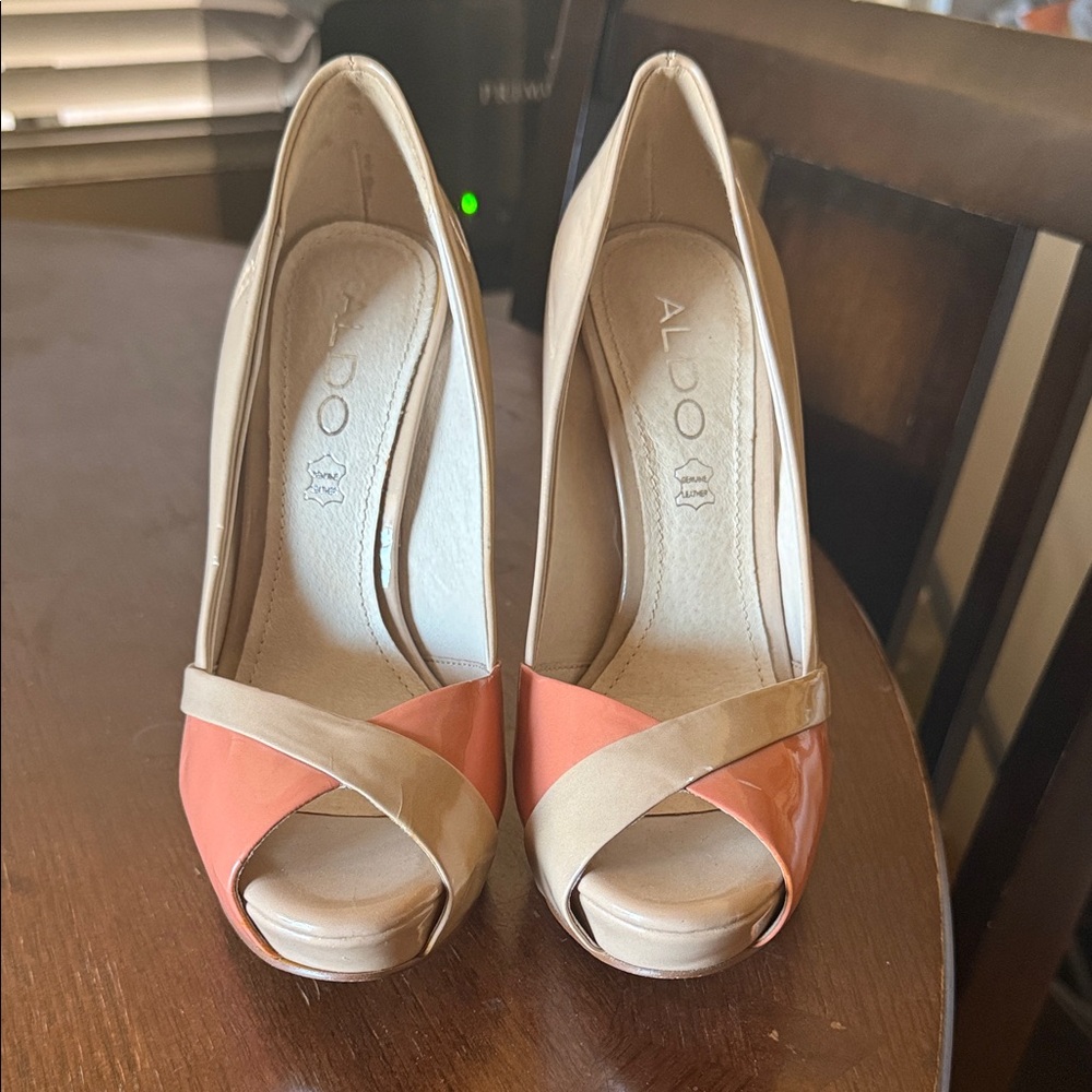 Aldo Beige and Coral Patent Peep-Toe Stilettos - Picture 2 of 7